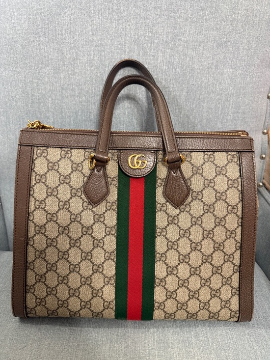 Gucci Handbags - Gucci Brown GG Supreme Medium Canvas Tote with Green-Red Stripe